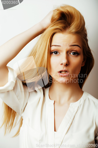 Image of young blond woman on white backgroung gesture thumbs up, isolate