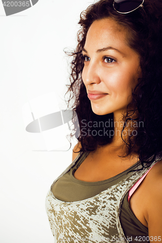 Image of young pretty stylish hipster girl posing emotional isolated on white background happy smiling cool smile, lifestyle people concept