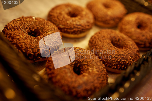 Image of close up of donuts at bakery or grocery store