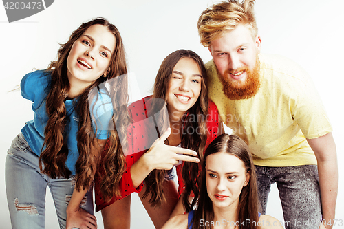 Image of company of hipster guys, bearded red hair boy and girls students having fun together friends, diverse fashion style, lifestyle people concept isolated on white background
