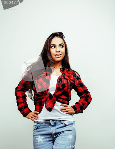Image of young pretty stylish hipster girl posing emotional isolated on white background happy smiling cool smile, lifestyle people concept 