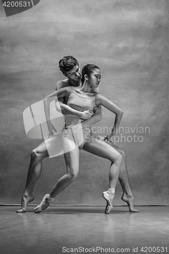 Image of Couple of ballet dancers posing over gray background