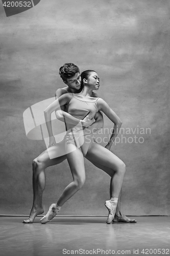 Image of Couple of ballet dancers posing over gray background