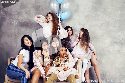 Image of Lifestyle and people concept: young pretty diversity nations woman with different age children celebrating on birth day party together happy smiling, making selfie. African-american, asian and caucasi