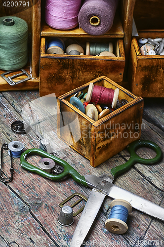 Image of cupboard with threads and buttons