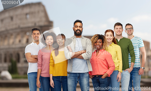 Image of international group of people over coliseum