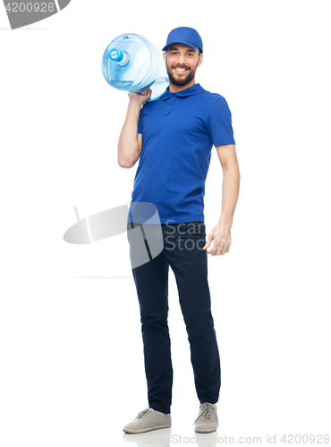 Image of happy delivery man with bottle of water