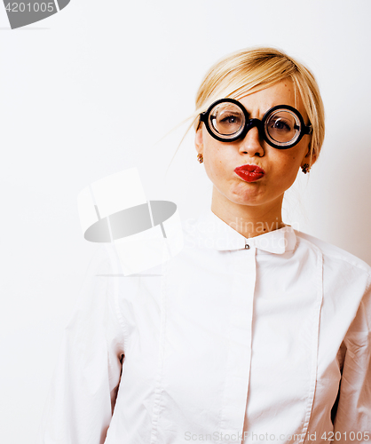 Image of bookworm, cute young blond woman in glasses, blond hair, teenage