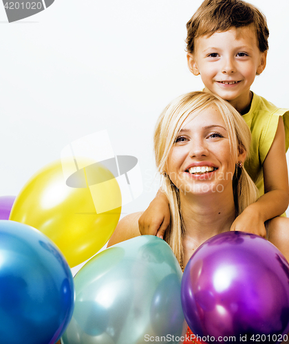 Image of pretty real family with color balloons on white background, blon