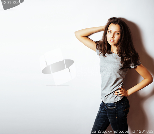 Image of young pretty stylish hipster girl posing emotional isolated on white background happy smiling cool smile, lifestyle people concept