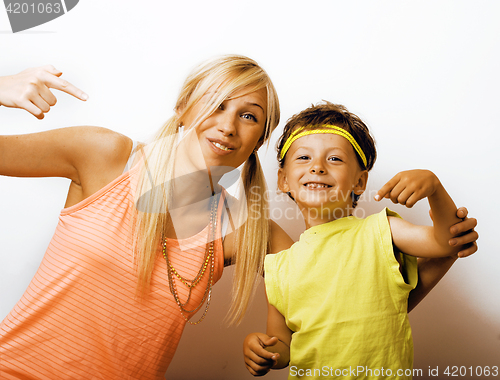 Image of funny mother and son with bubble gum