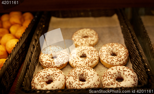 Image of close up of donuts at bakery or grocery store