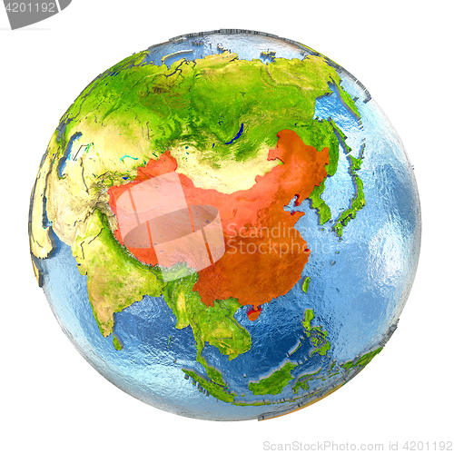 Image of China in red on full Earth