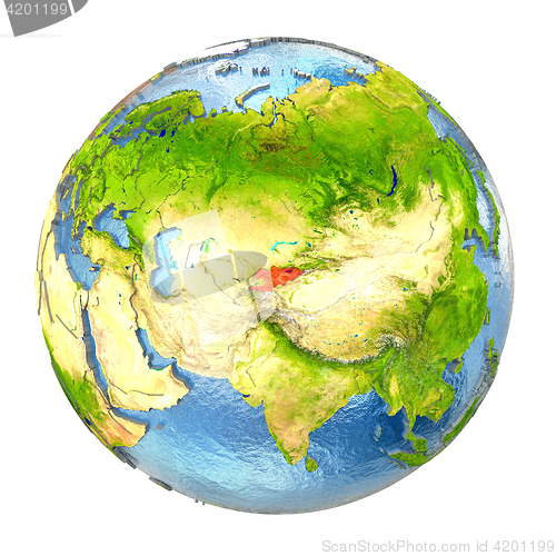 Image of Kyrgyzstan in red on full Earth