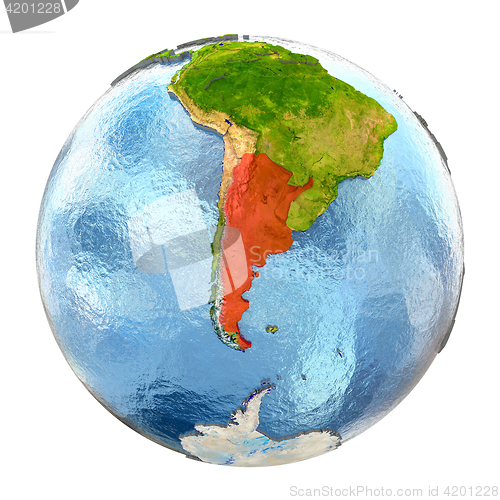 Image of Argentina in red on full Earth