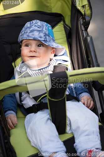 Image of baby boy sitting in the pram