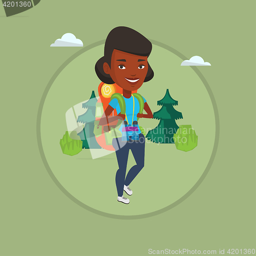 Image of Woman with backpack hiking vector illustration.