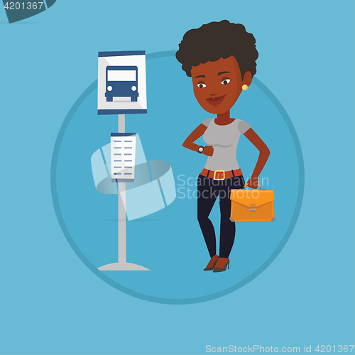 Image of Woman waiting at the bus stop vector illustration.