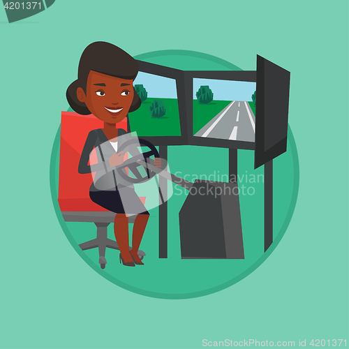 Image of Woman playing video game with gaming wheel.