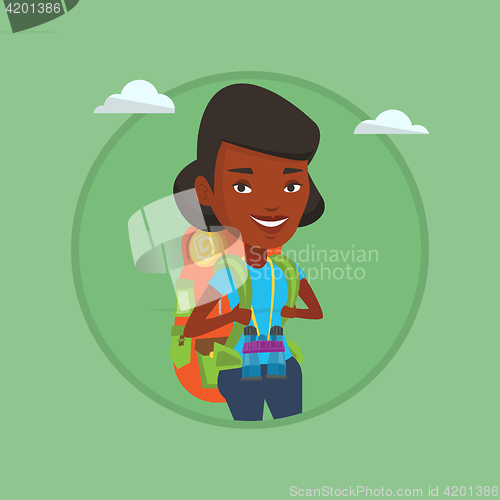 Image of Cheerful traveler with backpack.