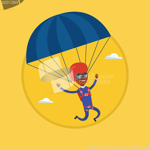 Image of Young happy man flying with parachute.