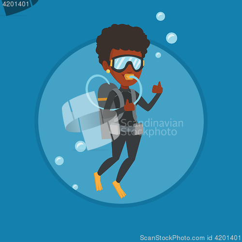 Image of Woman diving with scuba and showing ok sign.