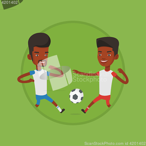 Image of Two male soccer players fighting for ball.