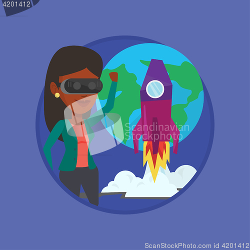 Image of Woman in vr headset flying in open space.