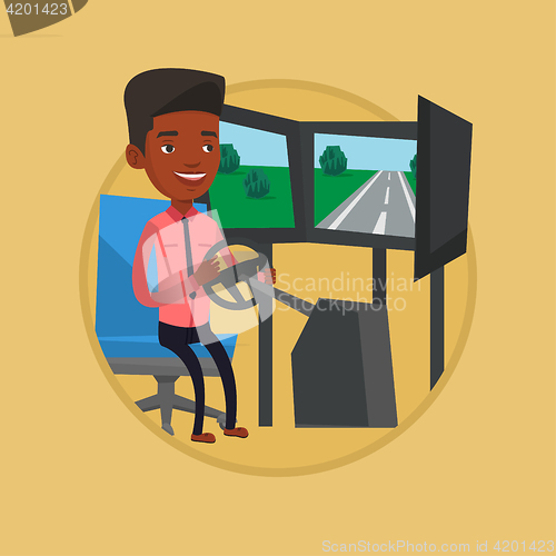 Image of Man playing video game with gaming wheel.