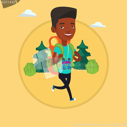 Image of Man with backpack hiking vector illustration.