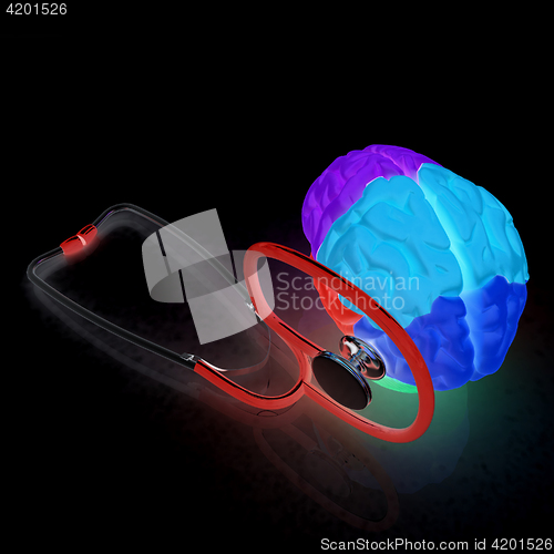 Image of stethoscope and brain. 3d illustration