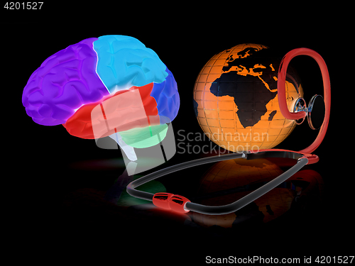 Image of stethoscope, globe, brain - global medical concept. 3d illustrat