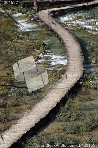 Image of Wooden pathway in Plitvice Lakes national park in Croatia