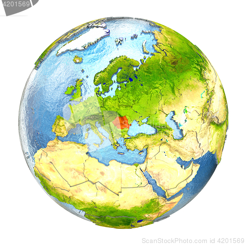 Image of Romania in red on full Earth