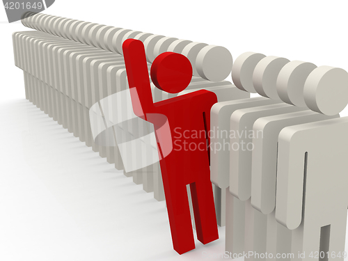 Image of Unique red person stepping out from row of people