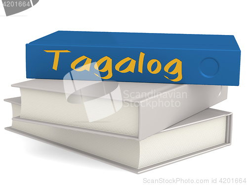 Image of Hard cover blue books with Tagalog word