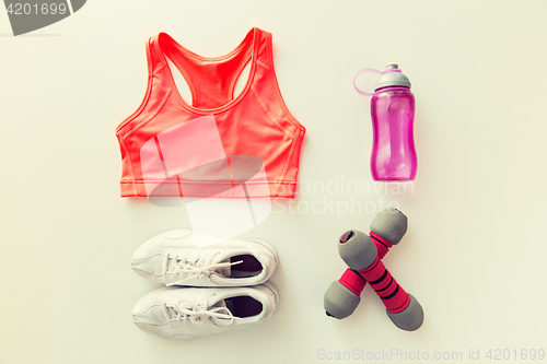 Image of close up of sportswear, dumbbells and bottle