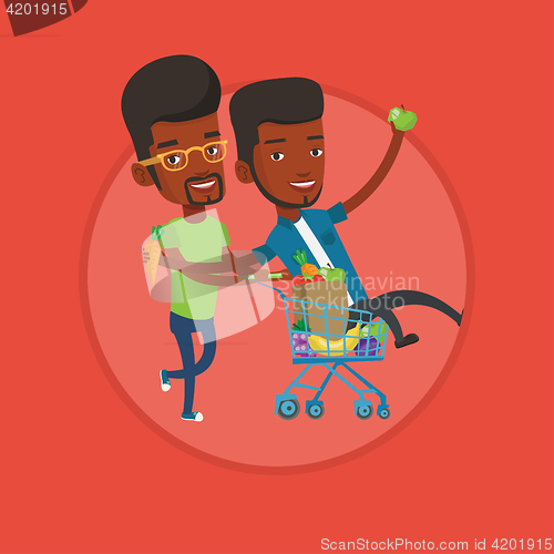 Image of Two friends riding by shopping trolley.