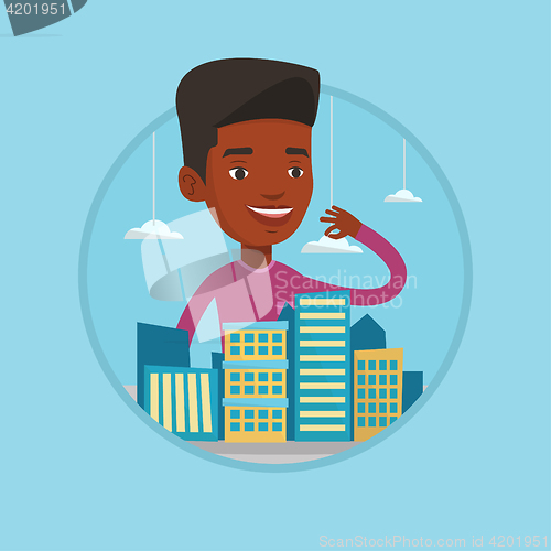 Image of Real estate agent presenting city model.