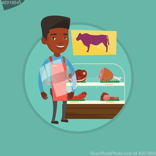 Image of Butcher offering fresh meat in butchershop.