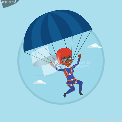 Image of Young happy woman flying with parachute.