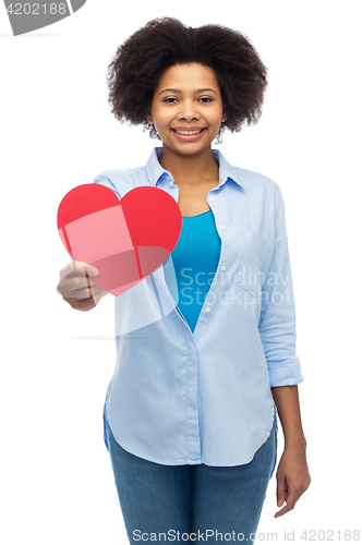 Image of happy african american woman with red heart shape