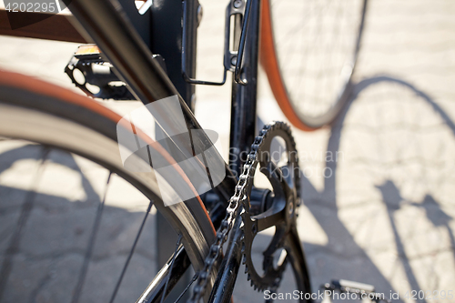 Image of close up of fixed gear bicycle on city street