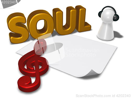 Image of soul tag, blank white paper sheet and pawn with headphones - 3d rendering