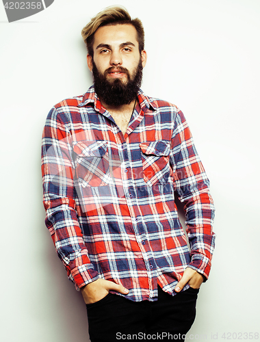 Image of young handsome hipster ginger bearded guy looking brutal isolated on white background, lifestyle people concept