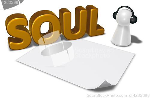 Image of soul tag, blank white paper sheet and pawn with headphones - 3d rendering