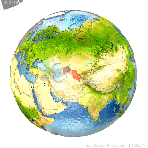 Image of Uzbekistan in red on full Earth