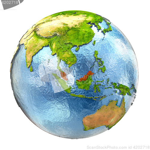 Image of Malaysia in red on full Earth