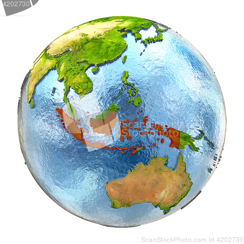 Image of Indonesia in red on full Earth