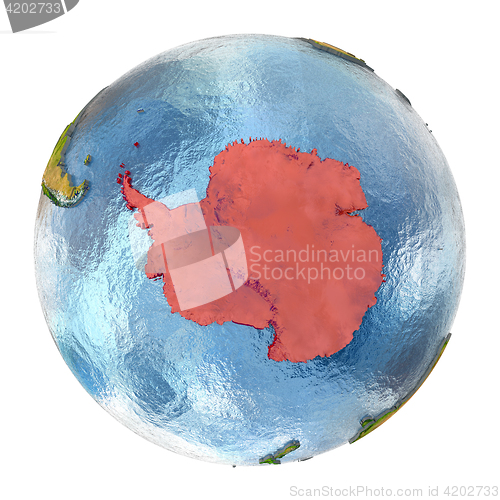 Image of Antarctica in red on full Earth